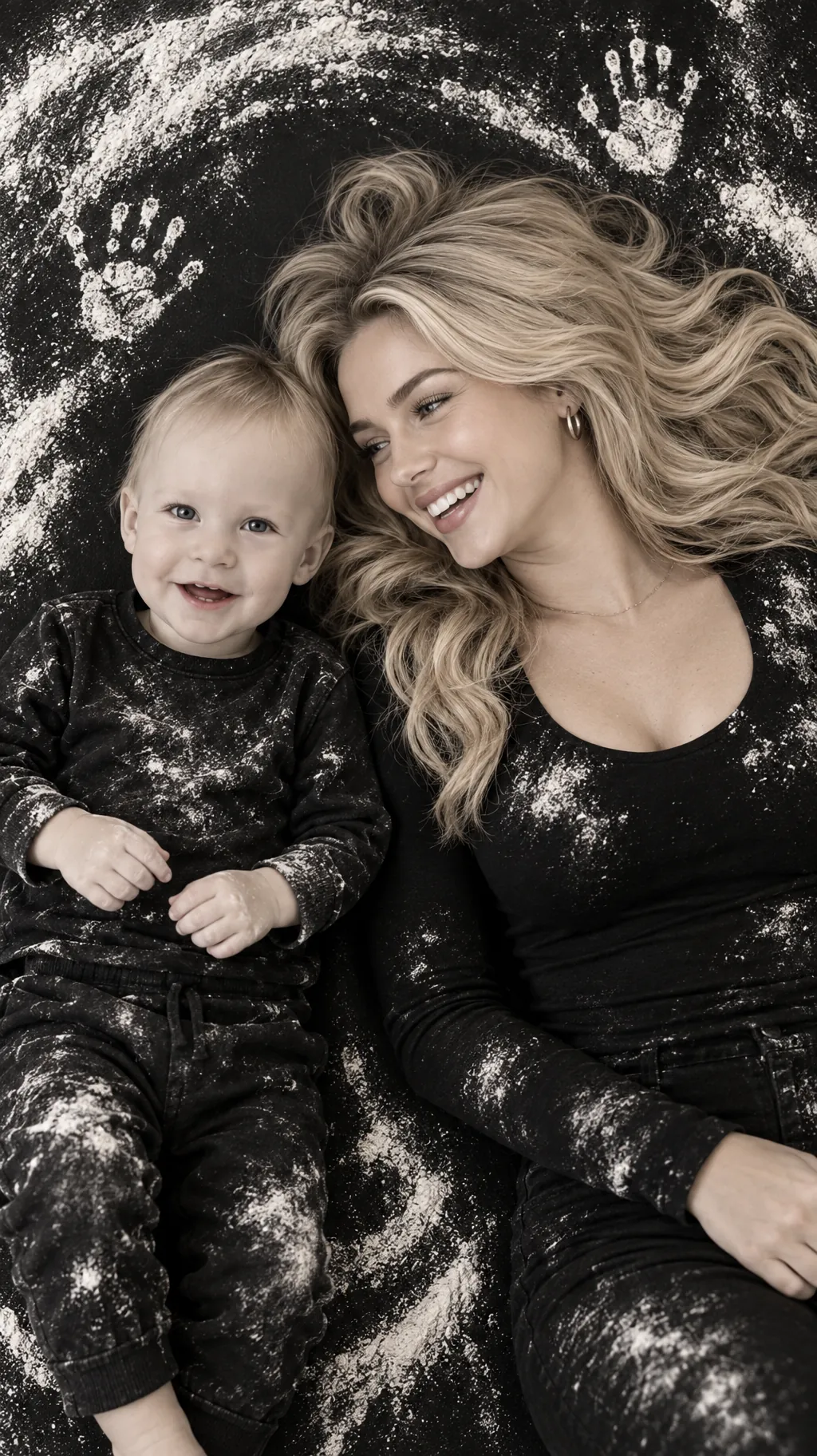 Mother and baby in a playful black-and-white flour scene