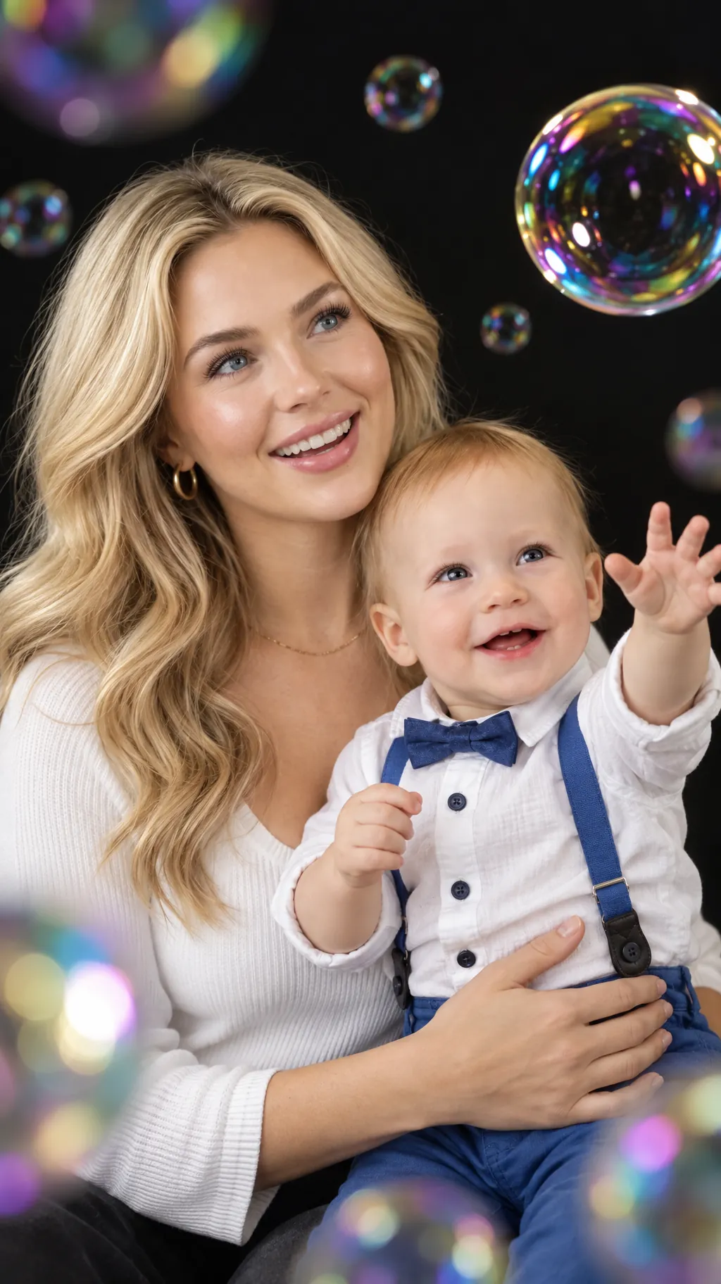 Mother and baby in a family portrait with bubbles